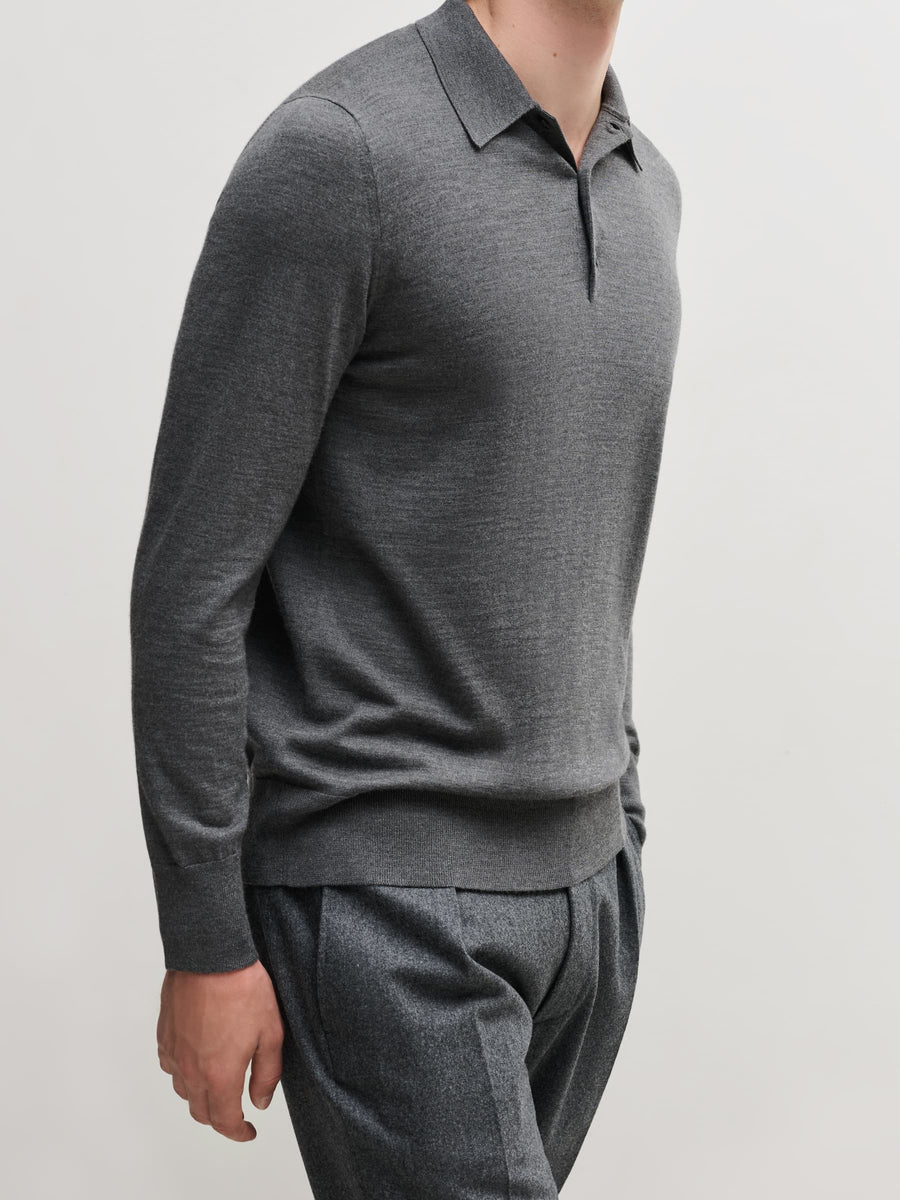 Grey 3 Button Merino Polo Shirt