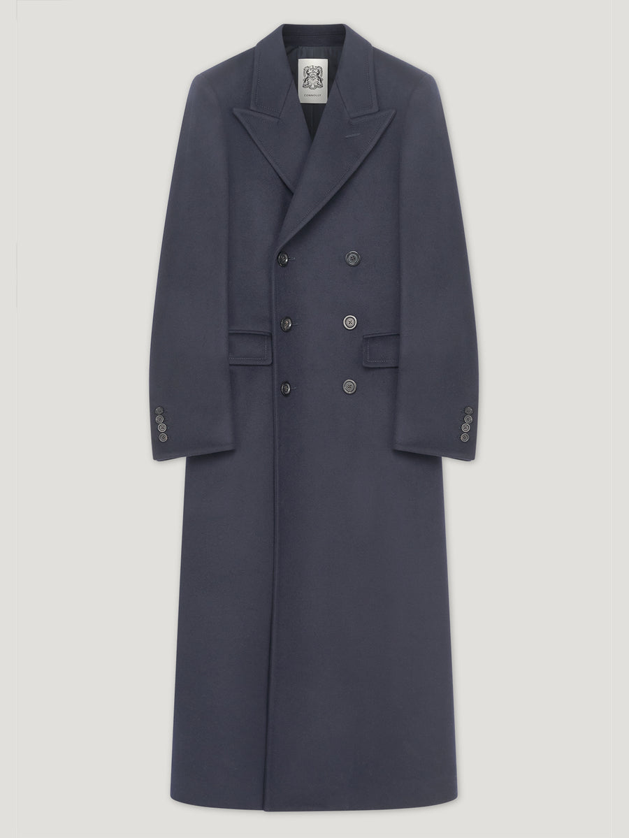 Navy Double Breasted Peak Lapel Long Coat - Connolly
