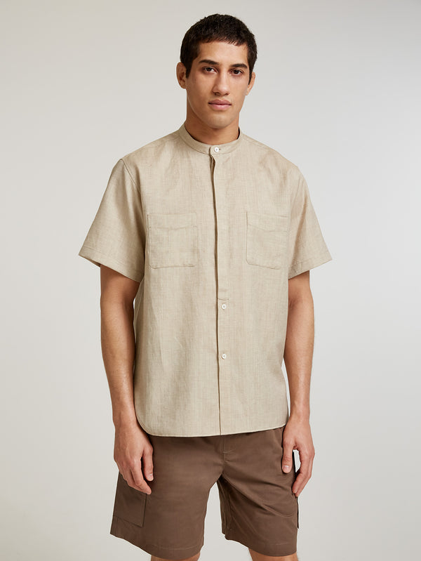 Natural Collarless Short Sleeve Shirt