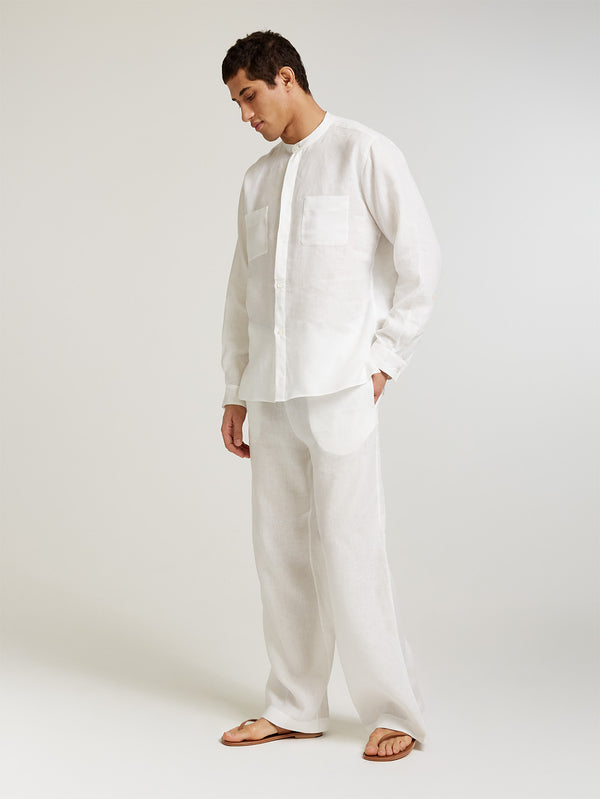 White Collarless Long Sleeve Shirt