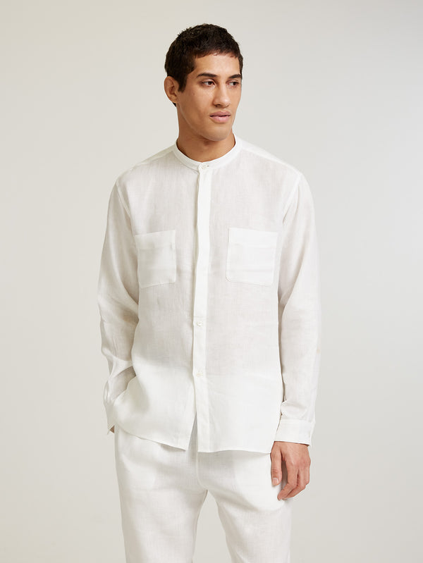 White Collarless Long Sleeve Shirt