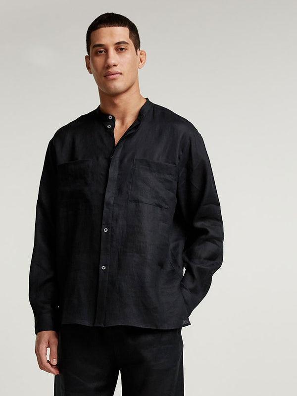 Black Collarless Long Sleeve Shirt