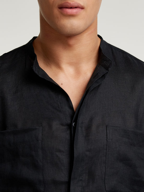 Black Collarless Long Sleeve Shirt