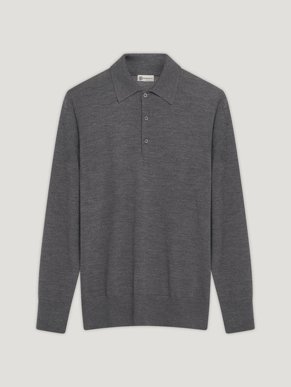 Grey 3 Button Merino Polo Shirt