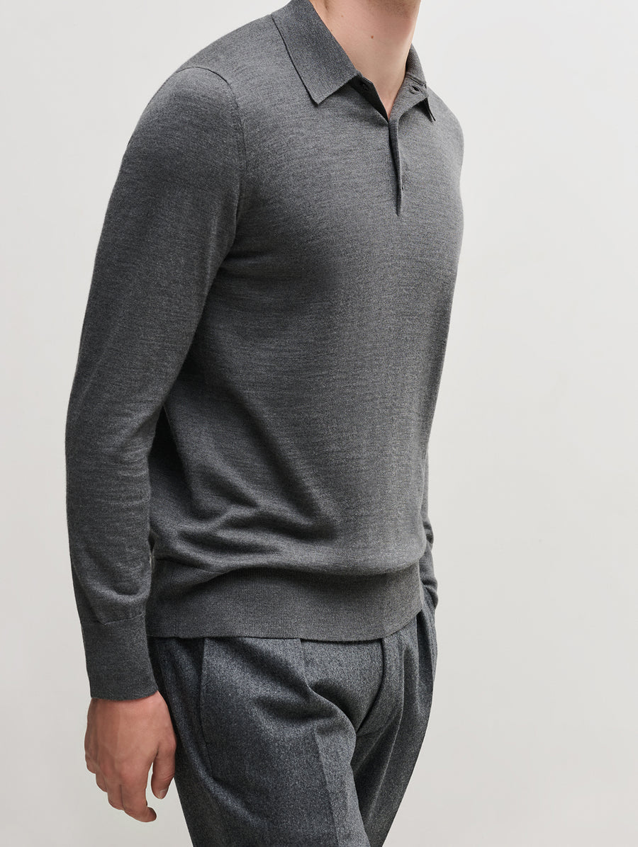 Grey 3 Button Merino Polo Shirt