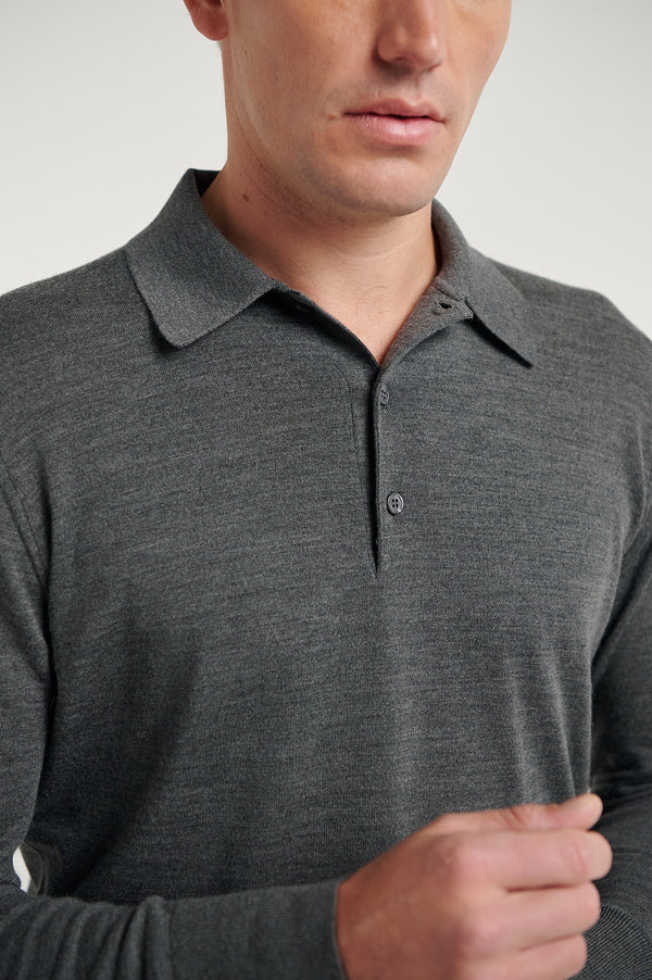 Grey 3 Button Merino Polo Shirt