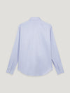 A light blue long-sleeve button-up shirt shown from the back, laid flat against a solid light gray background.