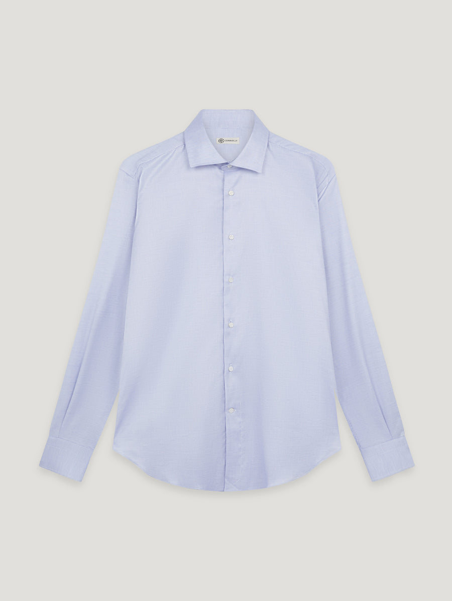 A light blue long-sleeve button-down dress shirt with a classic collar.