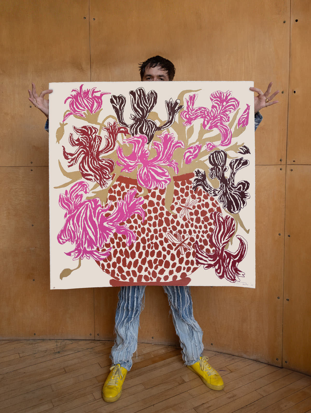 Pink Brown Cut Flowers: Triptych Screen Print - Connolly