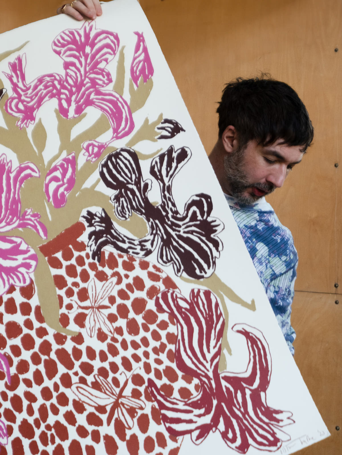 Pink Brown Cut Flowers: Triptych Screen Print - Connolly