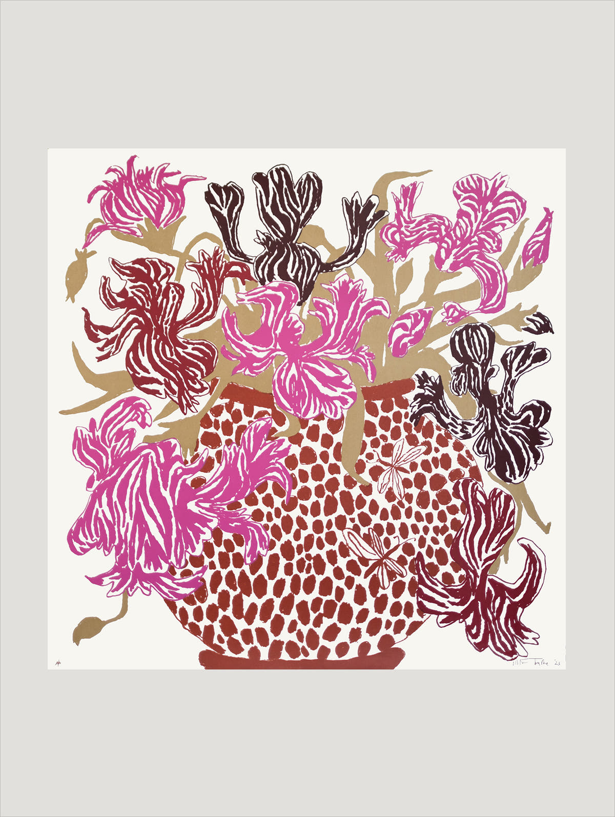 Pink Brown Cut Flowers: Triptych Screen Print - Connolly