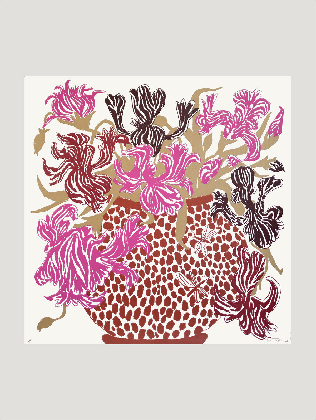 Pink Brown Cut Flowers: Triptych Screen Print - Connolly