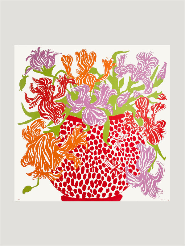 Red Orange Cut Flowers: Triptych Screen Print